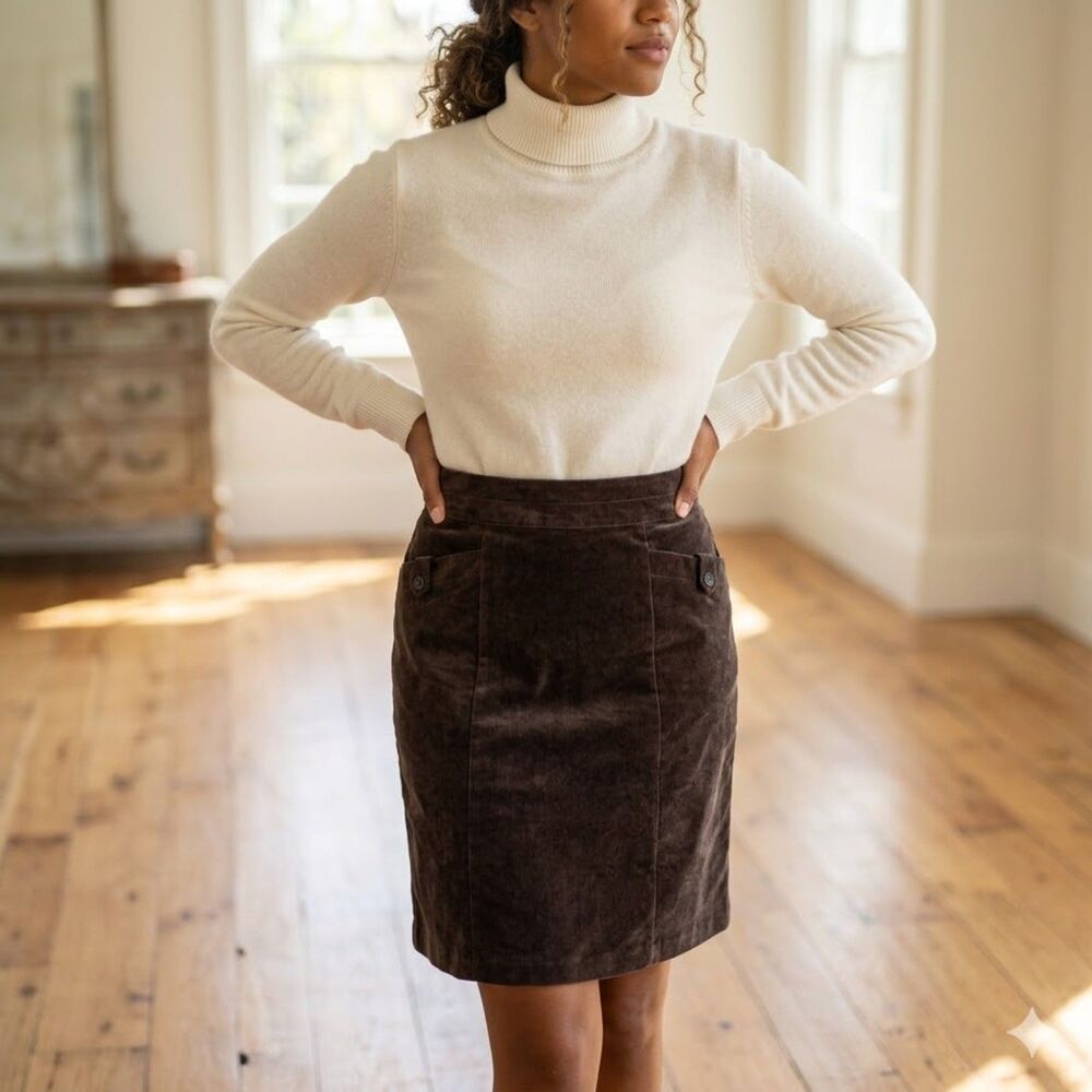 Christopher & Banks Chocolate Brown Corduroy Skirt Pockets Womens 10 Preppy